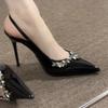 Fashion Sexy Pointed Toe Rhinestone Decoration Heeled Sandals Women Summer Fashion Thin High Heels Elegant Banquet Wedding Pumps Shoes