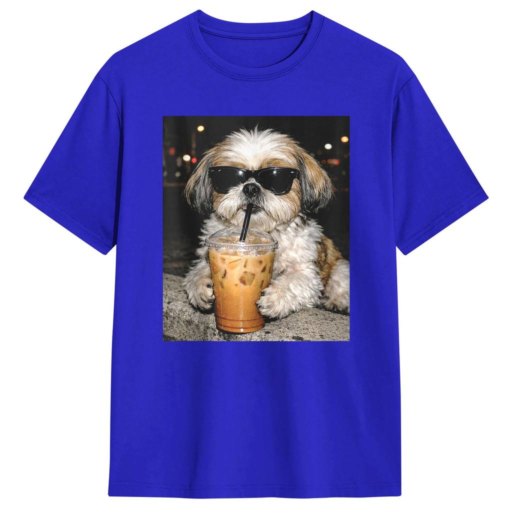 Funny Shih Tzu Drinking Iced Coffee Dog Meme TShirt Harajuku TShirts ShortSleeve Aesthetic Tshirt Cotton 4XL 5XL 6XL Clothes