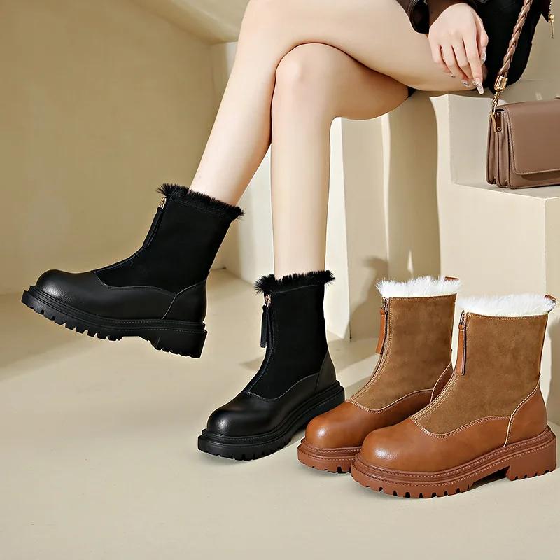 Fashion Women Boots Warm Anti Slip Platform  Winter Retro Plush New Round Toe Zipper Comfortable Outdoor Ankle Boots Women's Shoes