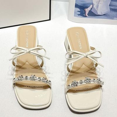 2025 Summer New Fairy Wind Bow with Skirt Crystal Slippers Foreign Trade French Beautiful Rhinestone Slippers