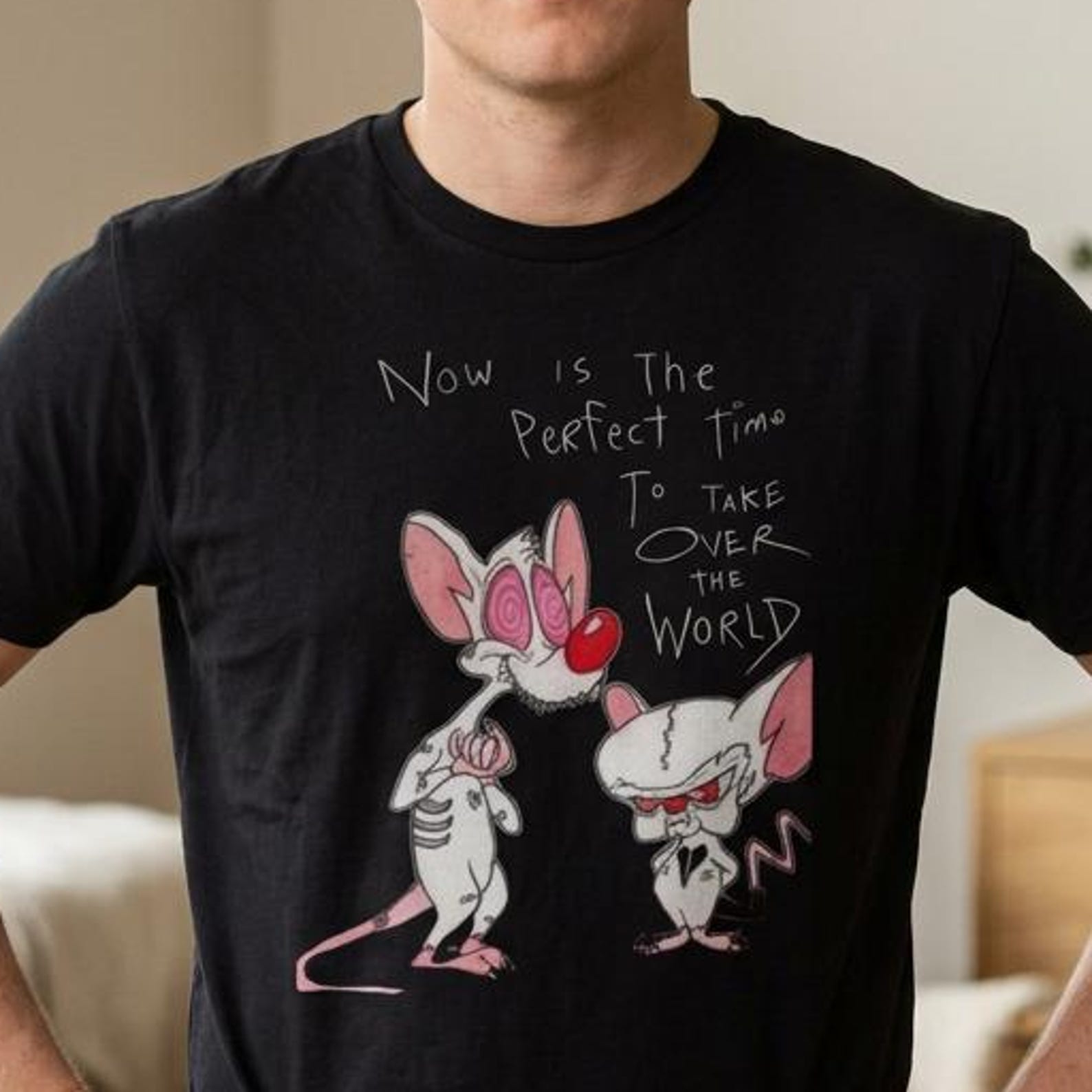 Pinky and the Brain cartoon mice T-Shirt Funny Meme duo Tee Vintage Cartoon Style Graphic Top S