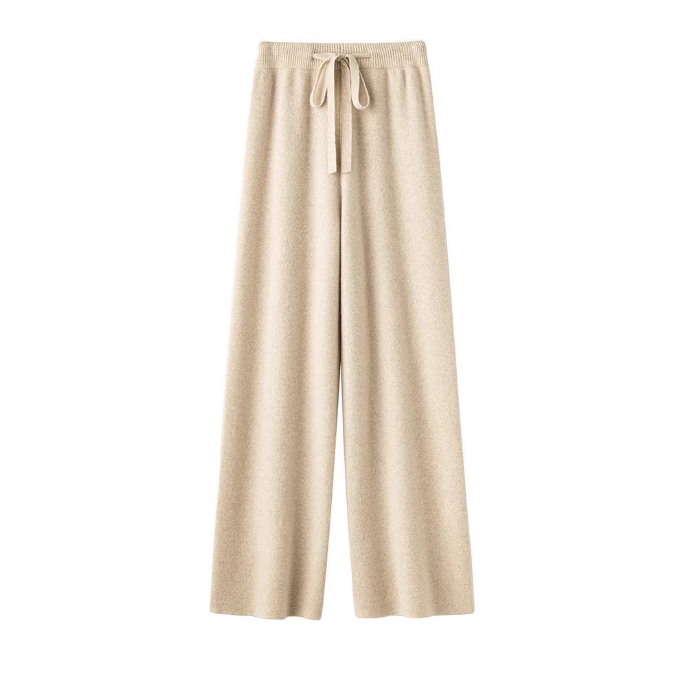 Women's 100% Australian Wool Wide-Leg Pants - Extra Long Cashmere Knit for Autumn/Winter