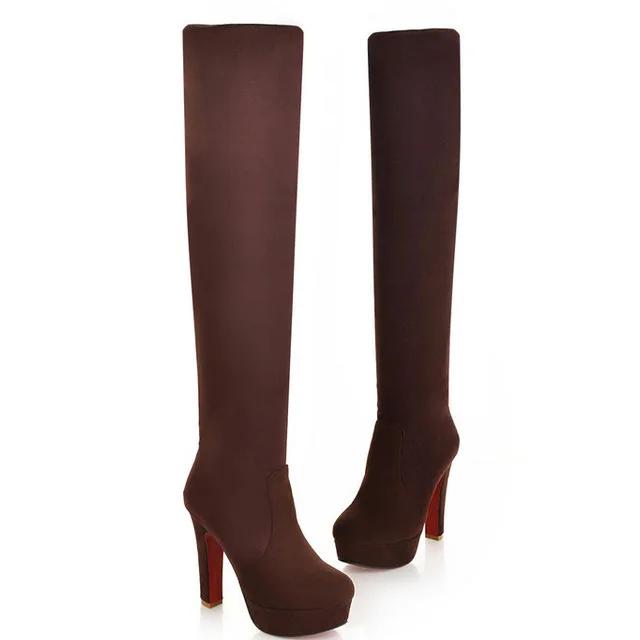 Dames Hoge Hakken Instappers Over de Knie Sexy Lange Laarzen Vrouwelijke Plateau Enkel Patchwork Velours Twee Manieren te Dragen Grote Maten 38