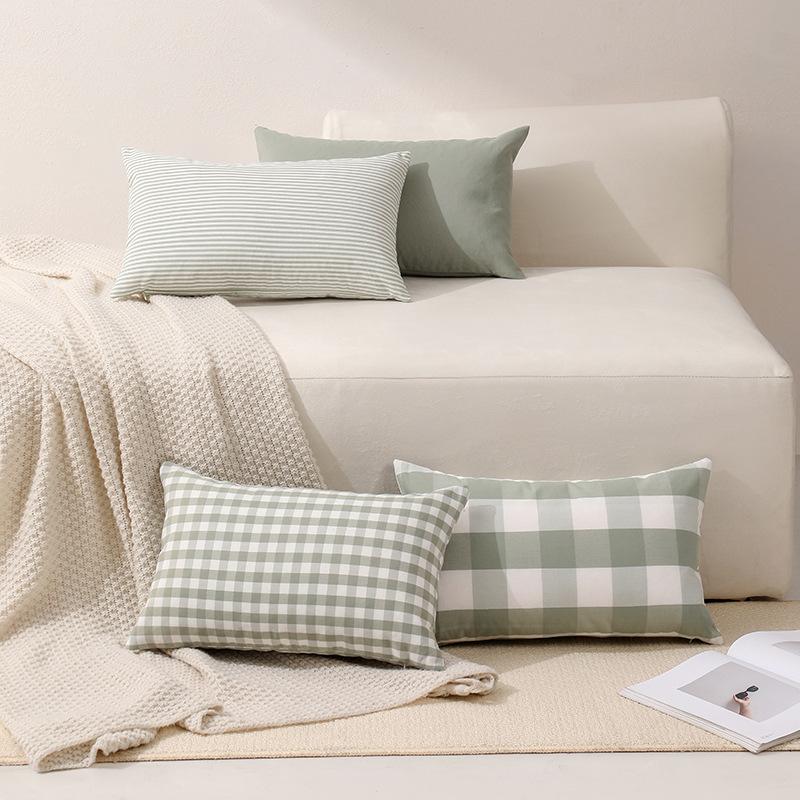 Polyester-cotton Canvas Casual Plaid Striped Bean Green Series Pillowcase Living Room Sofa Splicing Simple Pillowcase