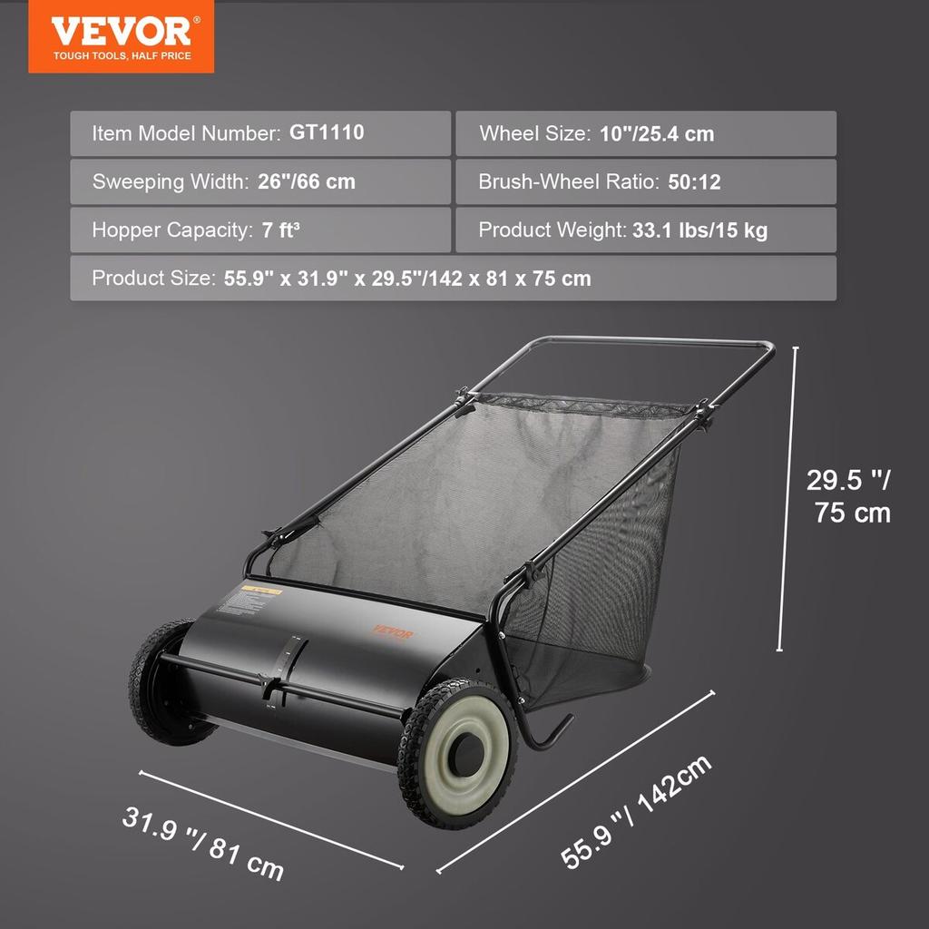 Push Lawn Sweeper, 26-inch Leaf & Grass Collector, Strong Rubber Wheels & Heavy Duty Thickened Steel, Durable to Use with Large Capacity 7 cu. ft.