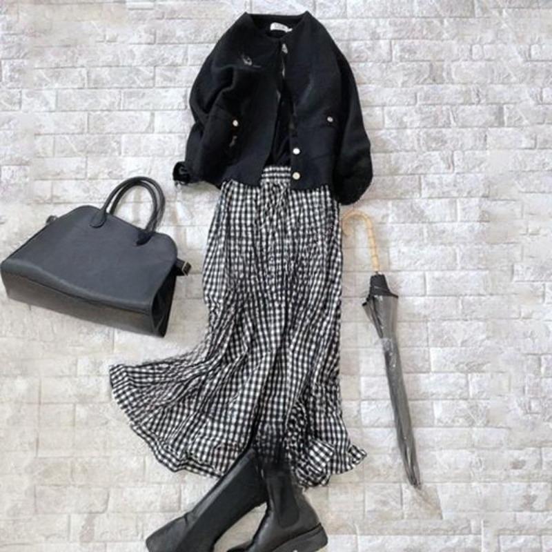 

Осенне-зимний кардиган с круглым вырезом, с длинными рукавами, короткий шерстяной кардиган + клетчатая юбка с эластичной талией, комплект из двух предметов L чёрный