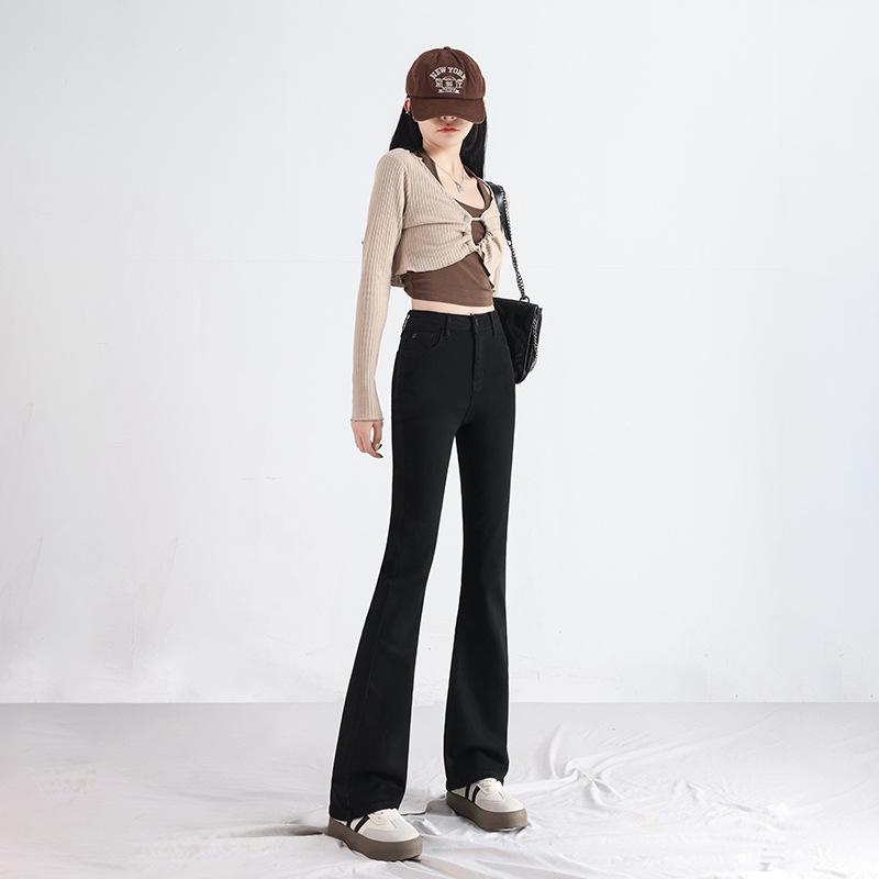 

Retro Hong Kong High-Waisted Micro-Flare Floor-Length Pants - 2023 Autumn/Winter Slimming Stretch Denim Small чёрный