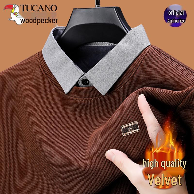 Woodpecker Men s Winter Plus Velvet Knit Sweater Long Sleeve Polo T-Shirt 165/M for 95-115 lbs
