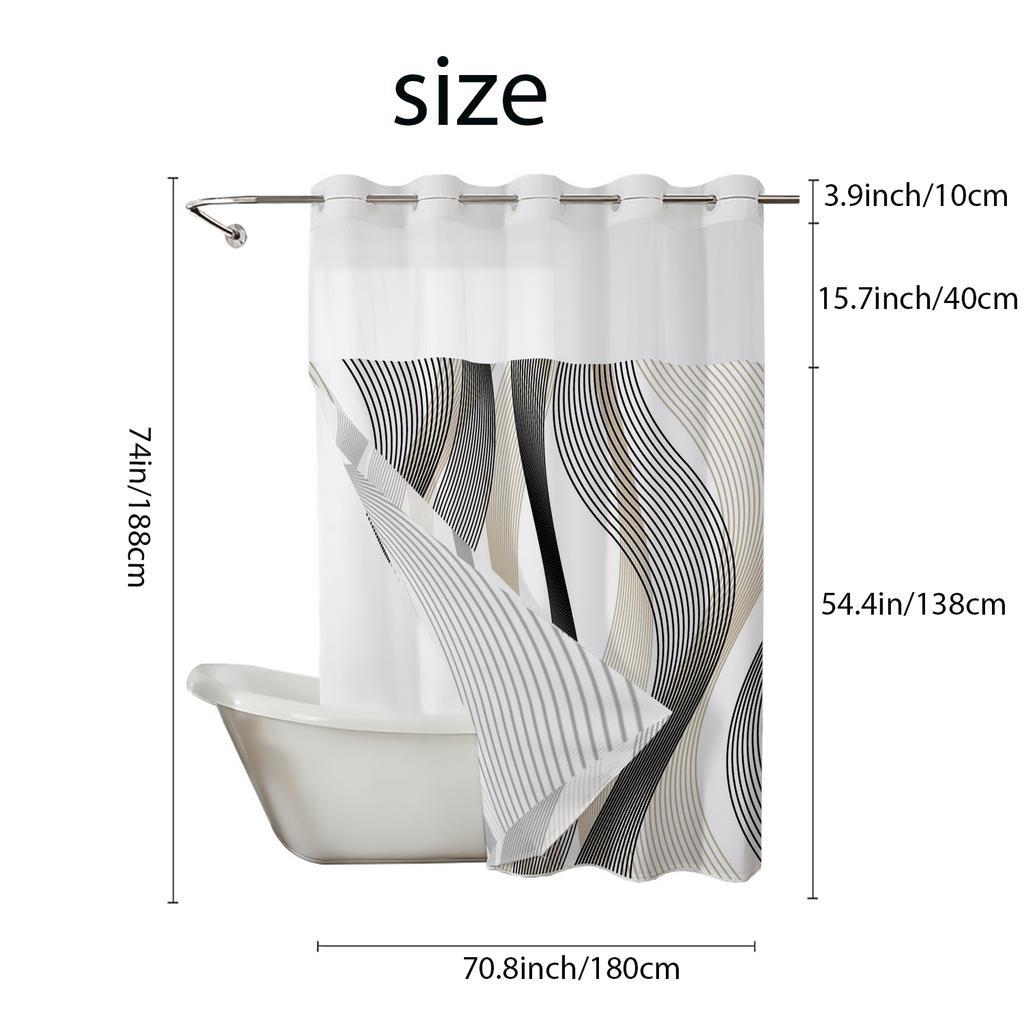 No Hook Geometric  pattern Shower Curtain With Snap-in Fabric Liner, Sheer Top Window, Waterproof Double Layer Bathtub curtain