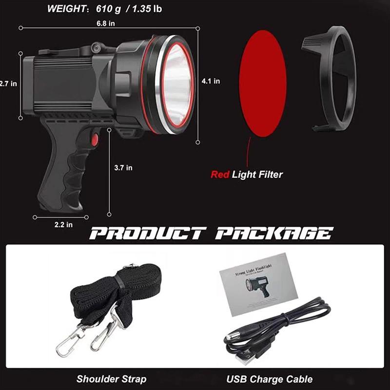 Super Bright LED Spotlight Rechargeable 7800 Lumen 12800mAh Long Lasting Searchlight Flood Fishing Hiking Camping Flashlight