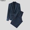INCERUN Men Sets Lapel Neck Striped Belt Blazer Tops Trousers Long Pants Casual Suits