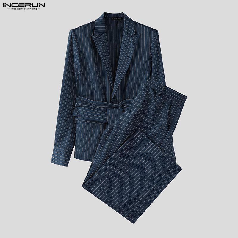 INCERUN Men Sets Lapel Neck Striped Belt Blazer Tops Trousers Long Pants Casual Suits
