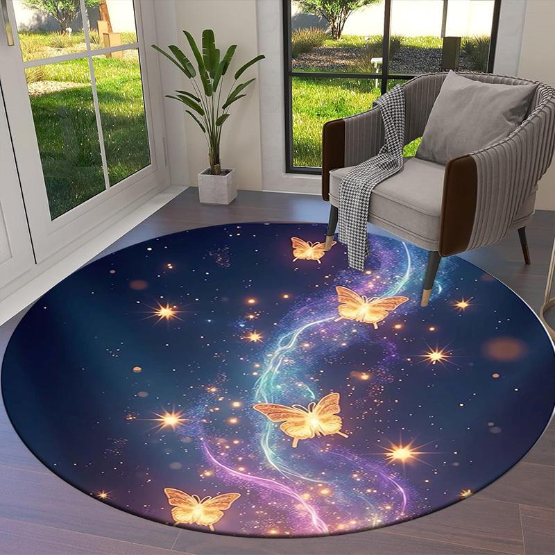 1pc Enchanted Butterflies in Starry Sky Round carpet, Made of Polyester,Perfect for Decorating Office Chairs, Living Rooms,Vibrant Decorative Rug
