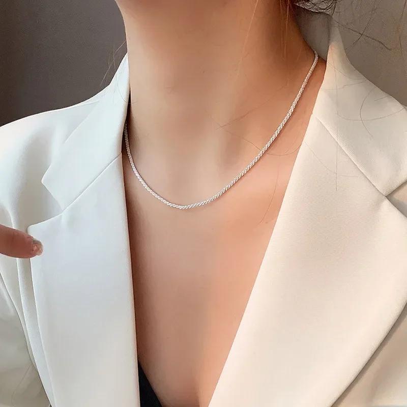 Stainless Steel Jewelry Long Chain Shiny Women Necklace Choker Fashion Jewelry Silver Color Non Tarnish No Fade Wedding Gift