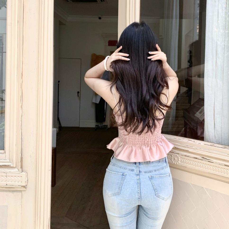 #Summer new sweet wind bow lace splicing heavy industry sling vest slim one-piece with chest pad