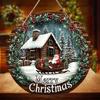 2D Merry Christmas Pineneedle Berries Wreath Wooden Ornaments Hanging Sign, Vintage Scarf Elk House with Xmas Tree Pattern 7.9in/20cm Plaque for Door