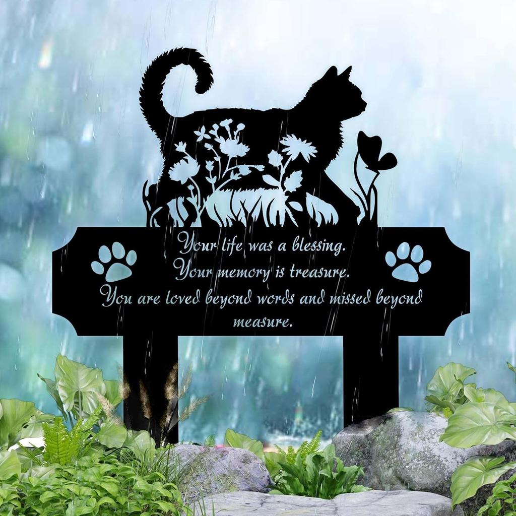 Cat Grave Marker Outdoor Memorial – 12in Metal Pet Memorial Plaque with Garden Cat Silhouette, Weatherproof Headstone for Yard or Indoor Tribute,