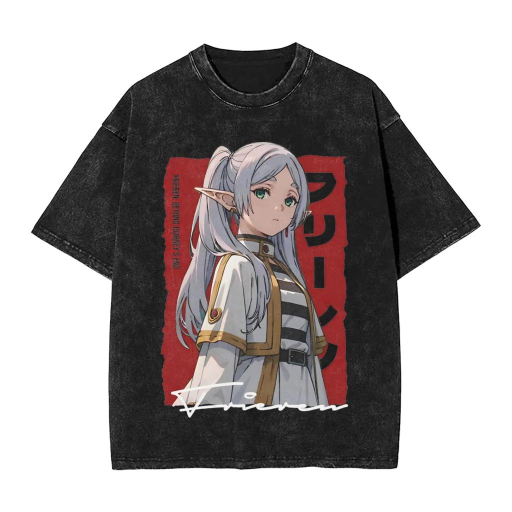 Vintage Washed Black Frieren from Beyond Journey's End Anime Graphic Print Oversized Cotton T-Shirt