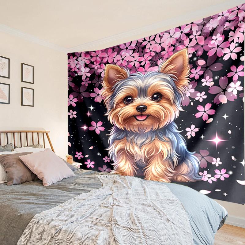 Cherry Blossom Yorkie Tapestry Room Decoration Wall Hanging for Living Room Bedroom, dormitory, Birthday and Christmas gifts