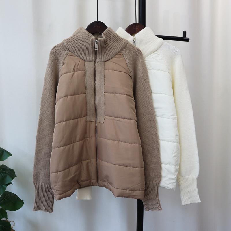 Design Sense Niche Splicing Cotton Clothes Knitted Cardigan Autumn and Winter New Loose Temperament Zipper Sweater Jacket Women