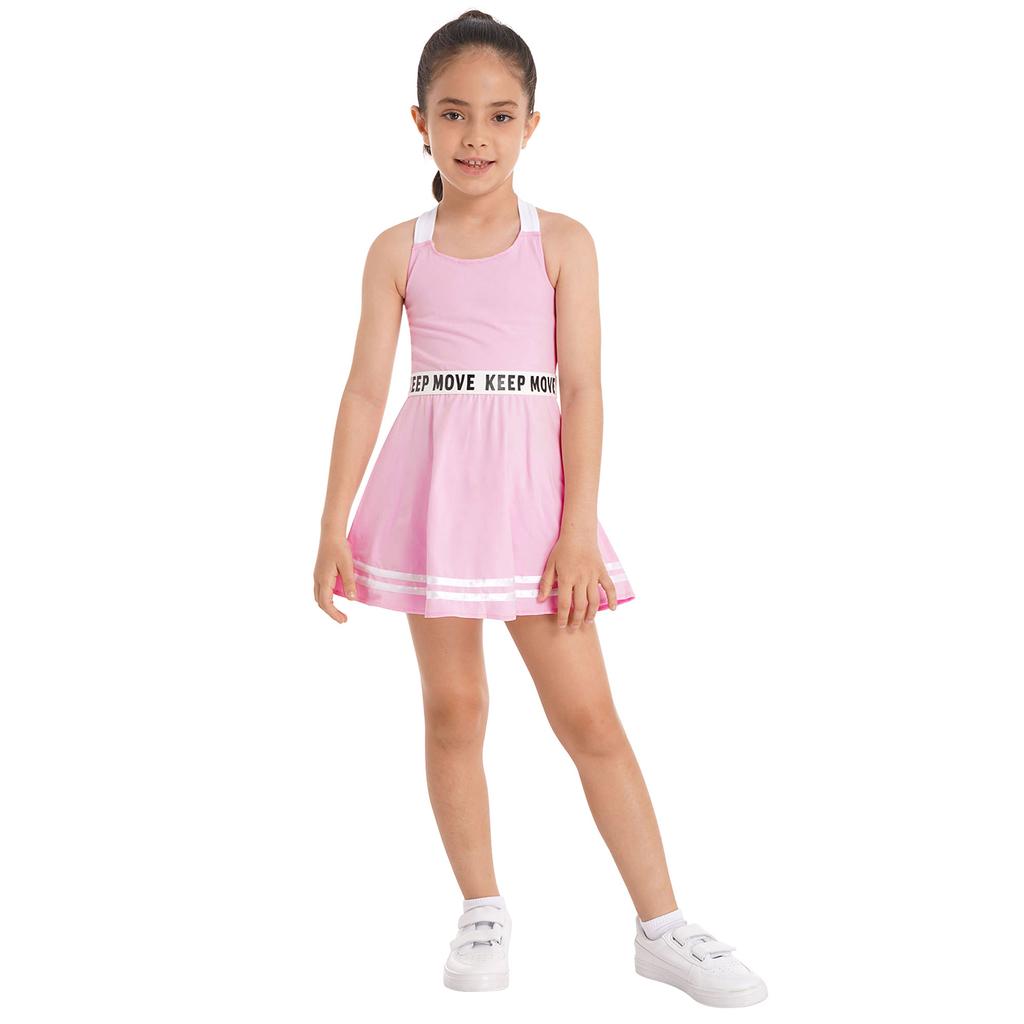 2-teiliges Sportkleid für Kinder, Mädchen, Träger, hinten überkreuzt, ärmellos, Buchstaben-Print, A-Linie, Kleid mit Shorts, Set für Fitnessstudio, Tennis