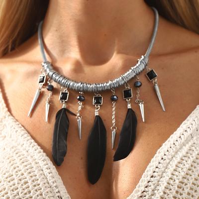 Bohemian Ethnic Wind Fringed Rivet Feather Pendant Necklace Vintage Geometric Diamond Collarbone Chain Female