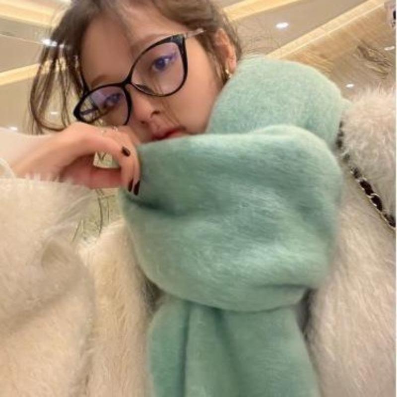 Autumn and Winter Velvet Feel Long Warm Tassel Brushed Large Scarf for Women Solid Color Versatile