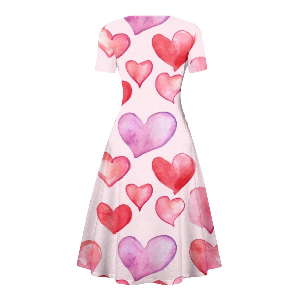 Women's Princess Dress Sexy V-neck Valentine's Day Print Waist Pull Pleated Short Sleeve Dress