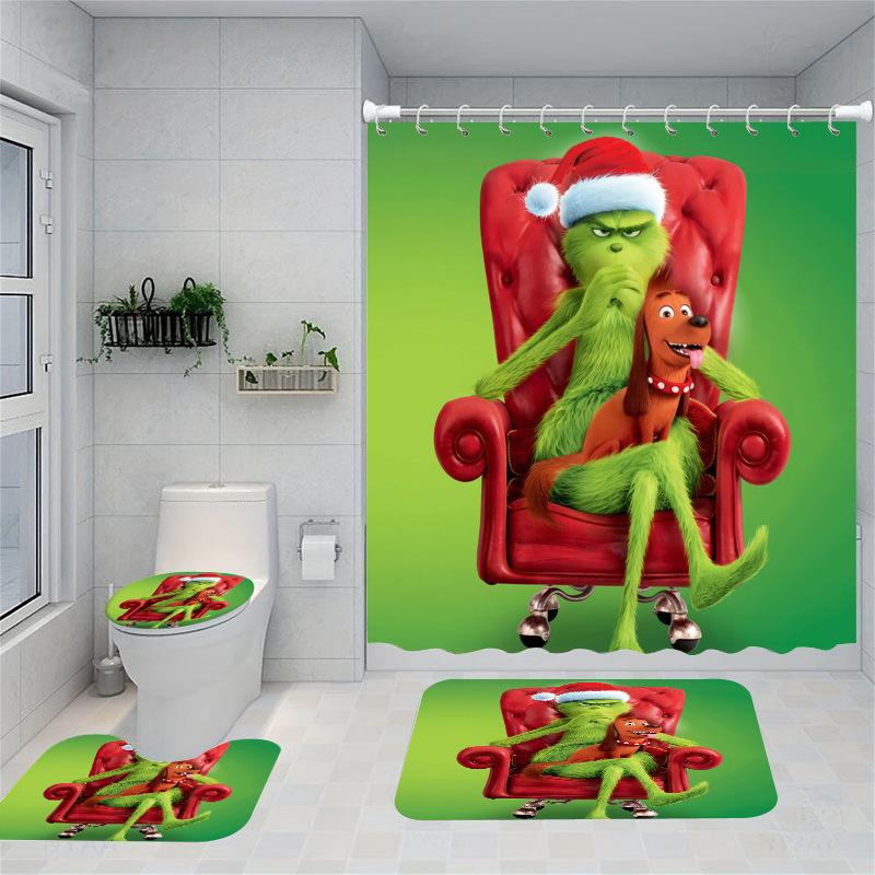 Christmas Series Shower Curtain Digital Printing Bathroom Shower Curtain Four-Piece Polyester Shower Curtain