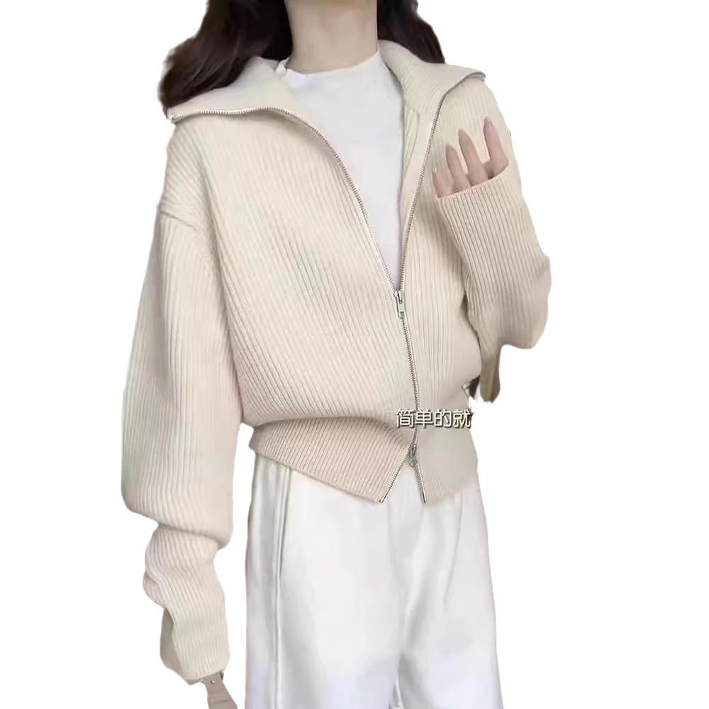 Zipper lapel knitted cardigan women's autumn and winter new large size loose lazy style casual turtleneck white sweater jacket