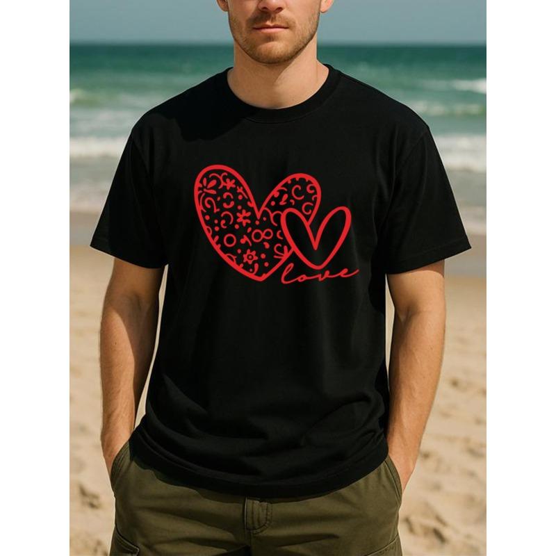European Sizes Men'S Heart Print T-Shirt with Red Heart & "Love" Lettering - Soft Breathable Pure Round Neck Short Sleeve Casual Tee for Everyday