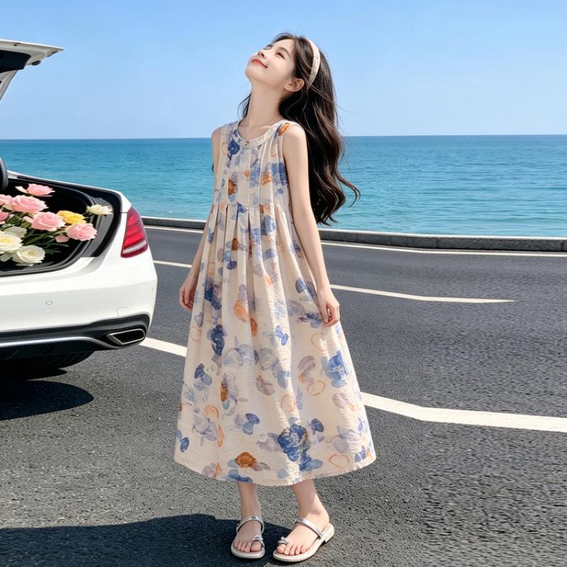 Girls Floral Print Sleeveless Midi Dress - Summer Beach Style 140 cm