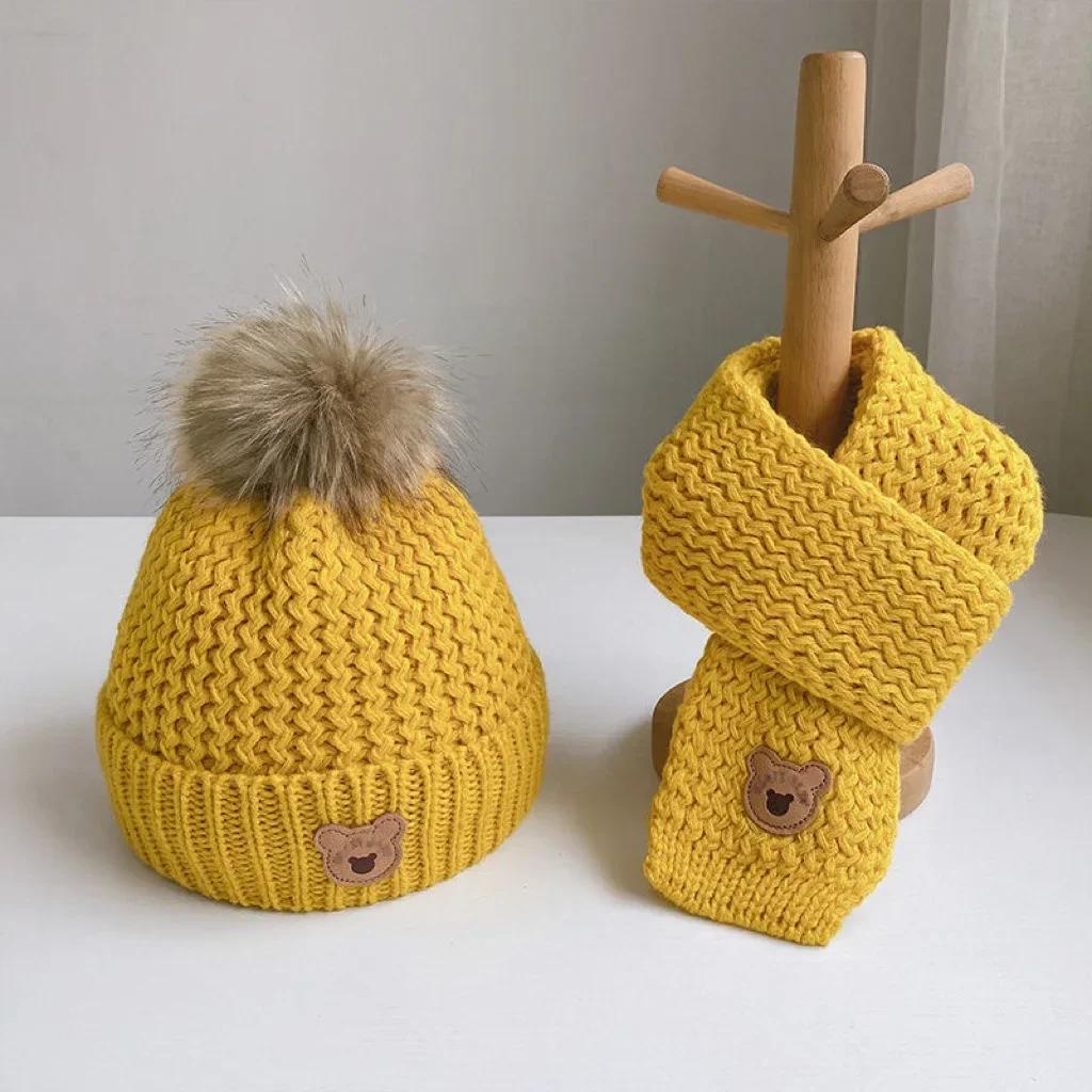 Autumn Winter 2Pcs Newborn Baby Hats Scarf Acrylic Cute Bear Beanies Warm Infant Knitted Hats For Baby Boys Girls 0-6 Years Old