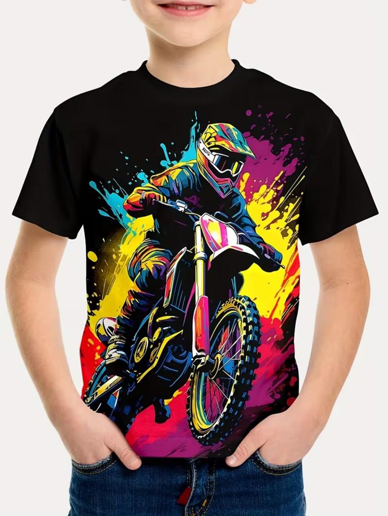 Chlapecké tričko s motorkářem 3D tištěné tričko pro chlapce 2-10 let Krátký rukáv Top pro miminka a děti Letní trendy Street Dětský top