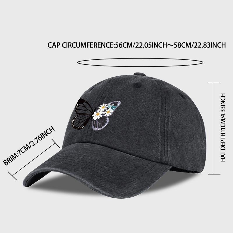 Butterfly and Daisy Print Washed Baseball Cap – Adjustable Unisex Retro Floral Sun Hat, Perfect for Camping and Vacations