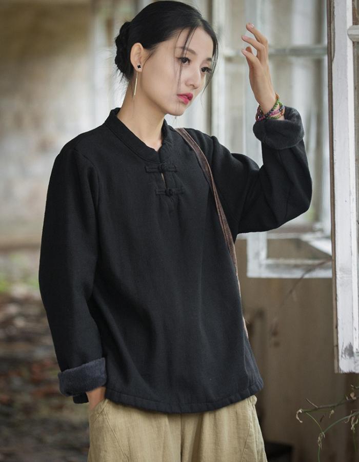 Johnature Damen Fleece-Hemden im chinesischen Stil, einfarbig, warme Oberteile, Stehkragen, Langarmblusen, Winter, Vintage-Knopfhemd