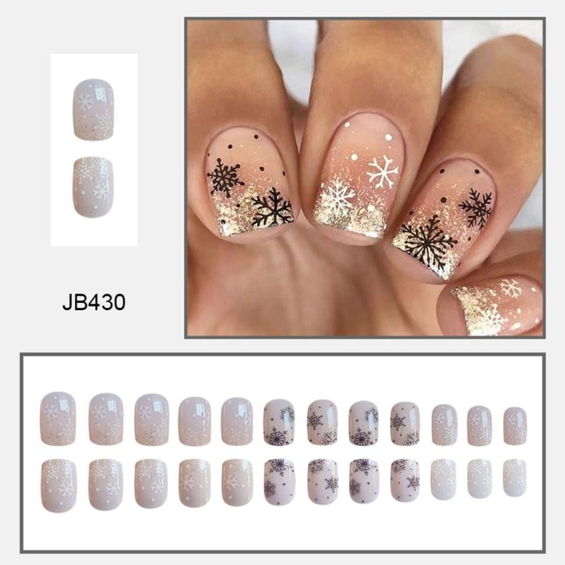 24 Pcs Short Square False Nail Christmas Press On Nail Glittering Artificial Nail Snowflake Full Cover Stick On Nail