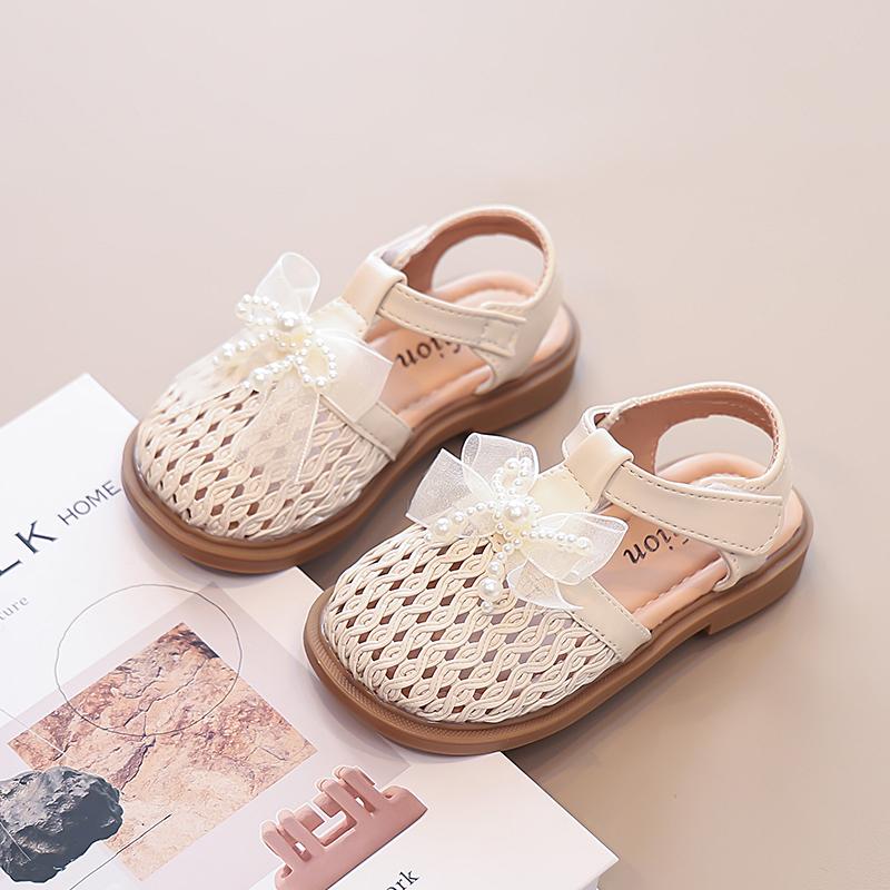 

Туфли для девочек на пляж Т-образный ремешок Кружева Банты Детские туфли принцессы Сладкие бусины Нескользящие 2025 Лето Новые Детские сандалии Плетение Элегантные 21 бежевый