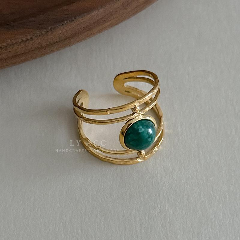 Exotic retro engraved open ring, niche inlaid with various colors of spar, holiday commuting atmosphere, adjustable ring
