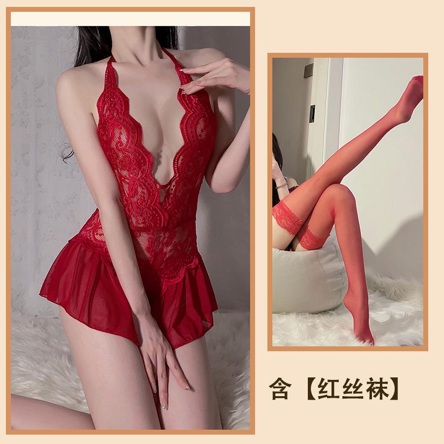 Sexy Lingerie Sexy Lace Uniform Temptation Hollow Open Onesie Women's Hot Pure Desire Pajama Set