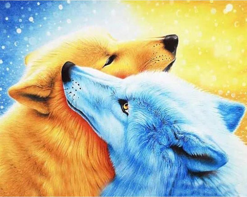 Diamond Painting Ice Fire Double Wolf Full Drill Square Round Diamond Embroidery Brown Dog Animal Rhinestone Kit Handicraft Handmade Gift