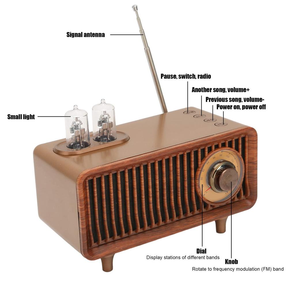 Retro Bluetooth Speaker with LED Light and Vacuum Tube for PC/Laptop (Wood)