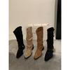 Heel Pointed Pleated Straps Stacking Boots 2025 New Retro Suede Flanged Metal Buckle Strap Boots High Boots