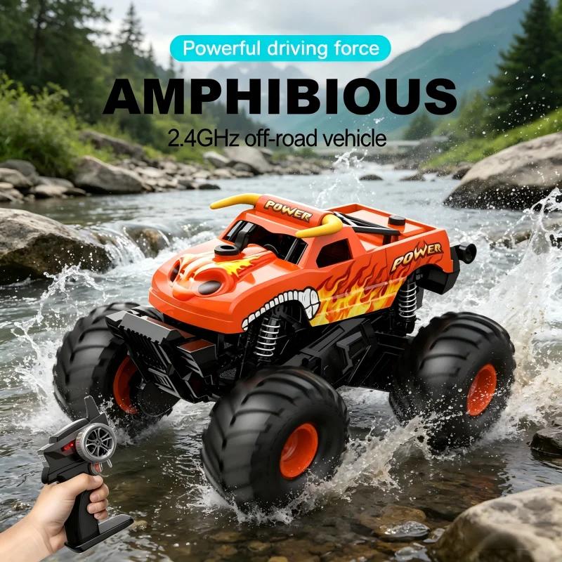 Amphibious RC Monster Truck, 2.4GHz Off-road Car with Mist Spray, 360° Rotation, Waterproof, 1 Click Stand Up for Kids