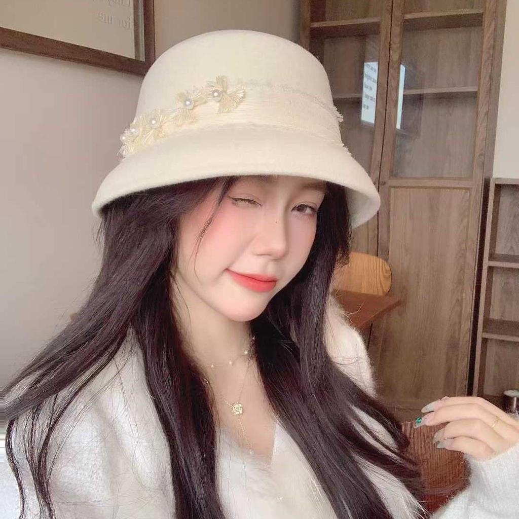 French Romantic Floral Wool Fedora: Women's Autumn/Winter Elegant Small Face Lampshade Socialite Bucket Hat.