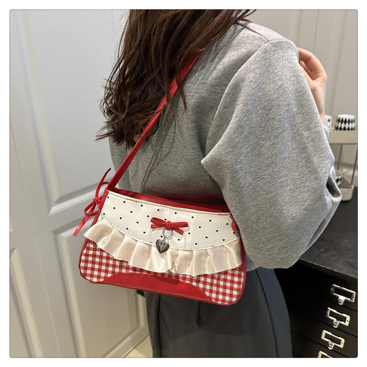 Cute Lace Bow Patchwork Underarm Bag for Women Sweet Plaid Polka Dot Girls Small Phone Shoulder Bag