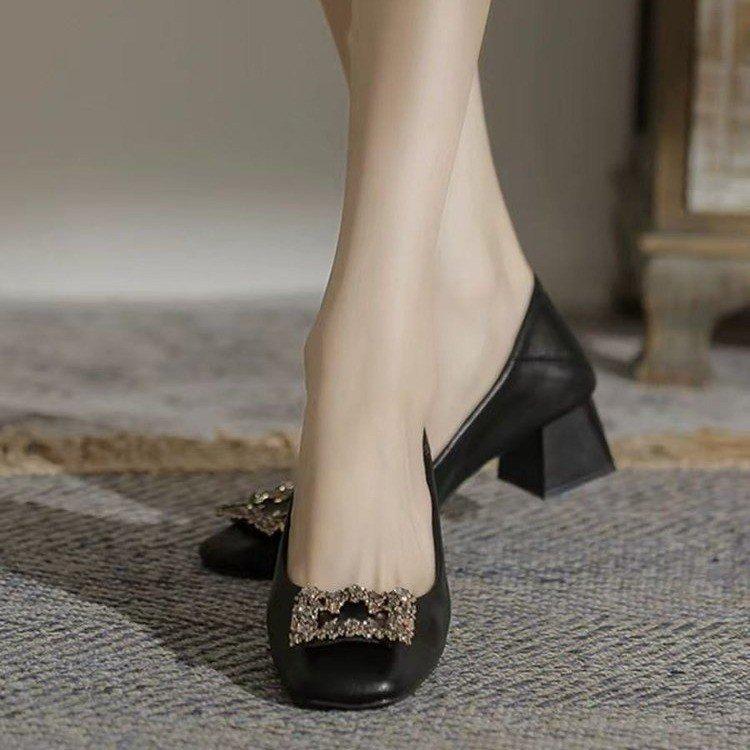High Sense Fashion Thick Heel Single Shoes Women's 2025 Autumn Rhinestone Medium Heel Light Mouth Laden Shoes French Professional High Heels