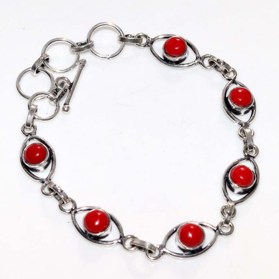 Pretty Red Coral 925 Silver Plated Bracelet 8.5" Superb Jewelry Trendy p9d76