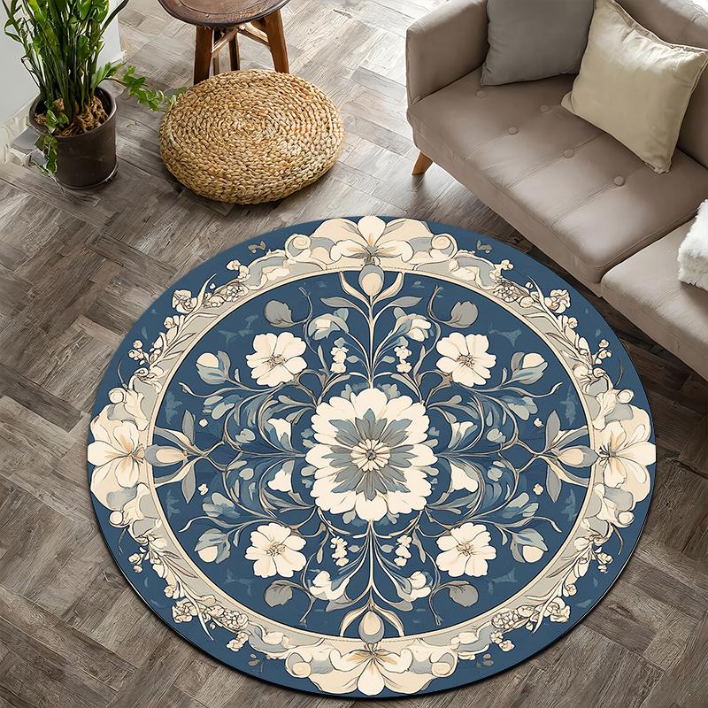 Blue and white checkered Flannel-printed round floor mats are slip-resistant Suitable for living bedroom terrace garden carpets