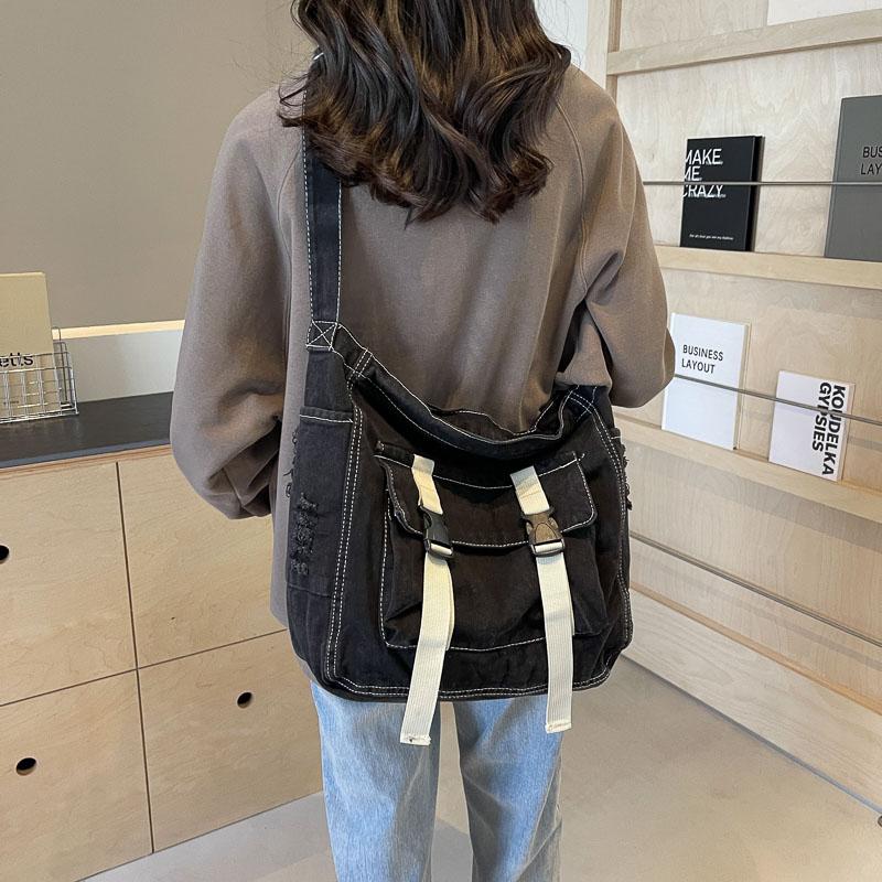 Large Capacity Canvas Bag Crossbody Bag Messenger Bag College Students Denim Shoulder Bag